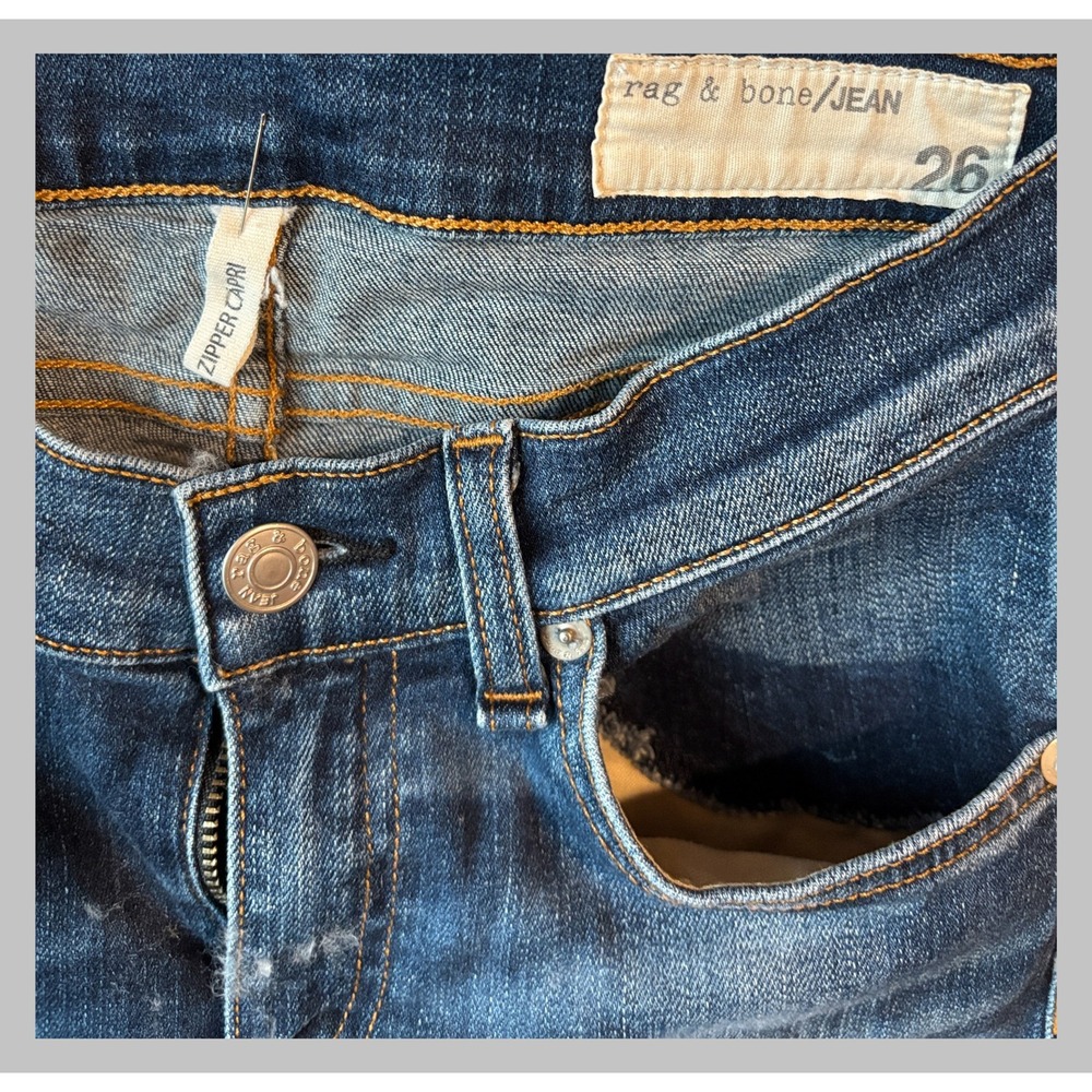 Rag & Bone Zipper Capri Jeans Pacifico Blue Distressed Skinny W1527K520PAC 26
